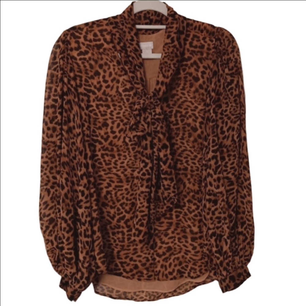 Chicos Brown & Black Chiffon Animal-Print Tie-Neck Lined Blouse w/ Puffy Sleeves